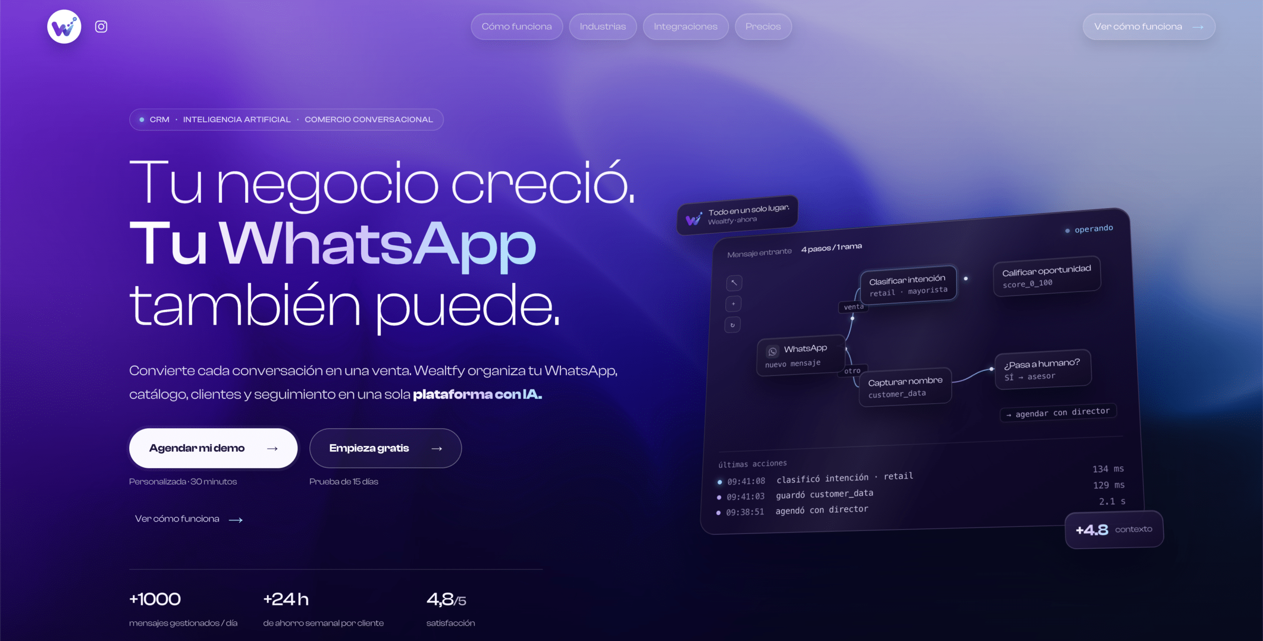 Wealtfy — landing page para plataforma SaaS de CRM con IA para WhatsApp