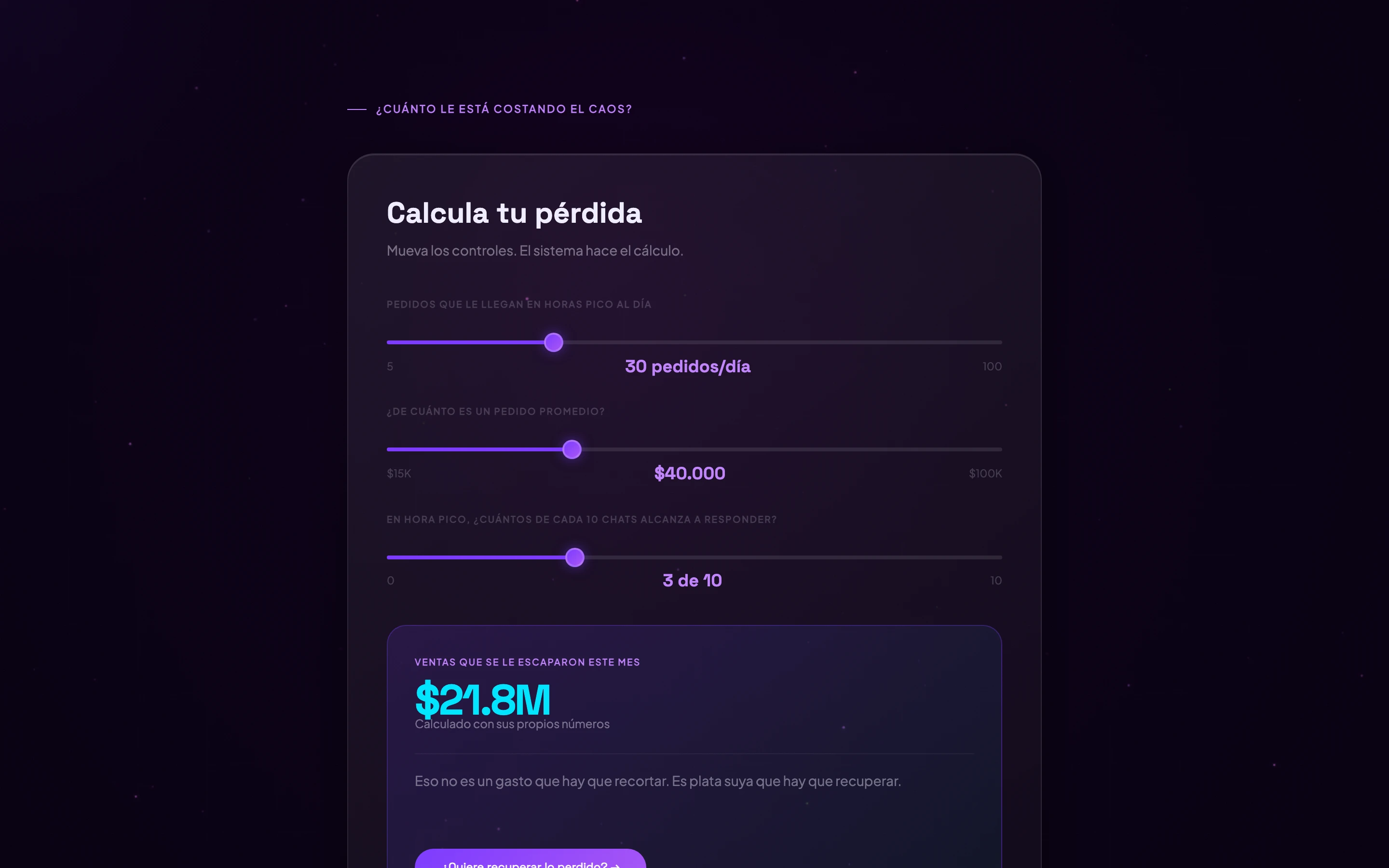 Calculadora interactiva de pérdidas por pedidos no atendidos