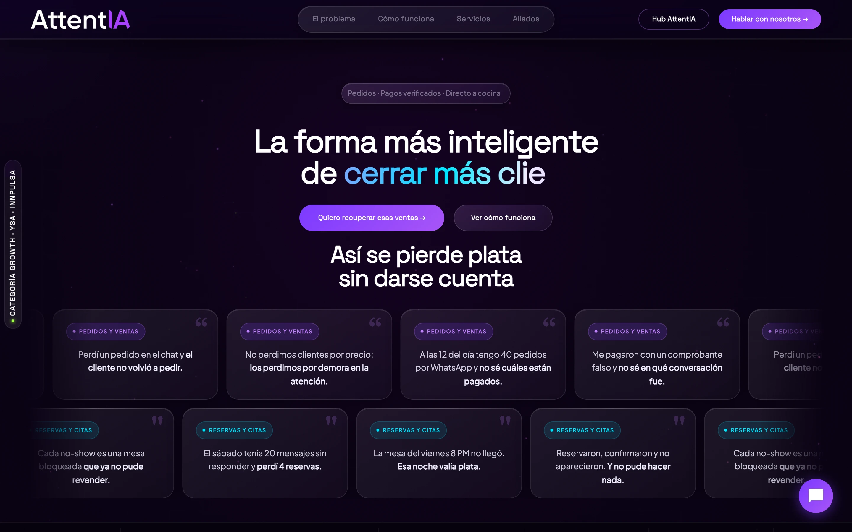 Portada de attentia.co: La forma más inteligente de cerrar más clientes, y frases de ventas perdidas