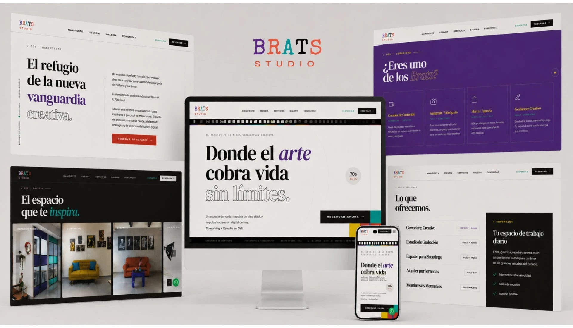 Brats Studio: secciones del sitio web en computador y celular