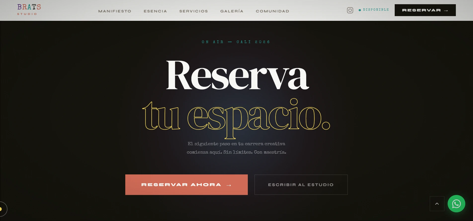 Brats Studio: cierre Reserva tu espacio con botones de reserva y contacto