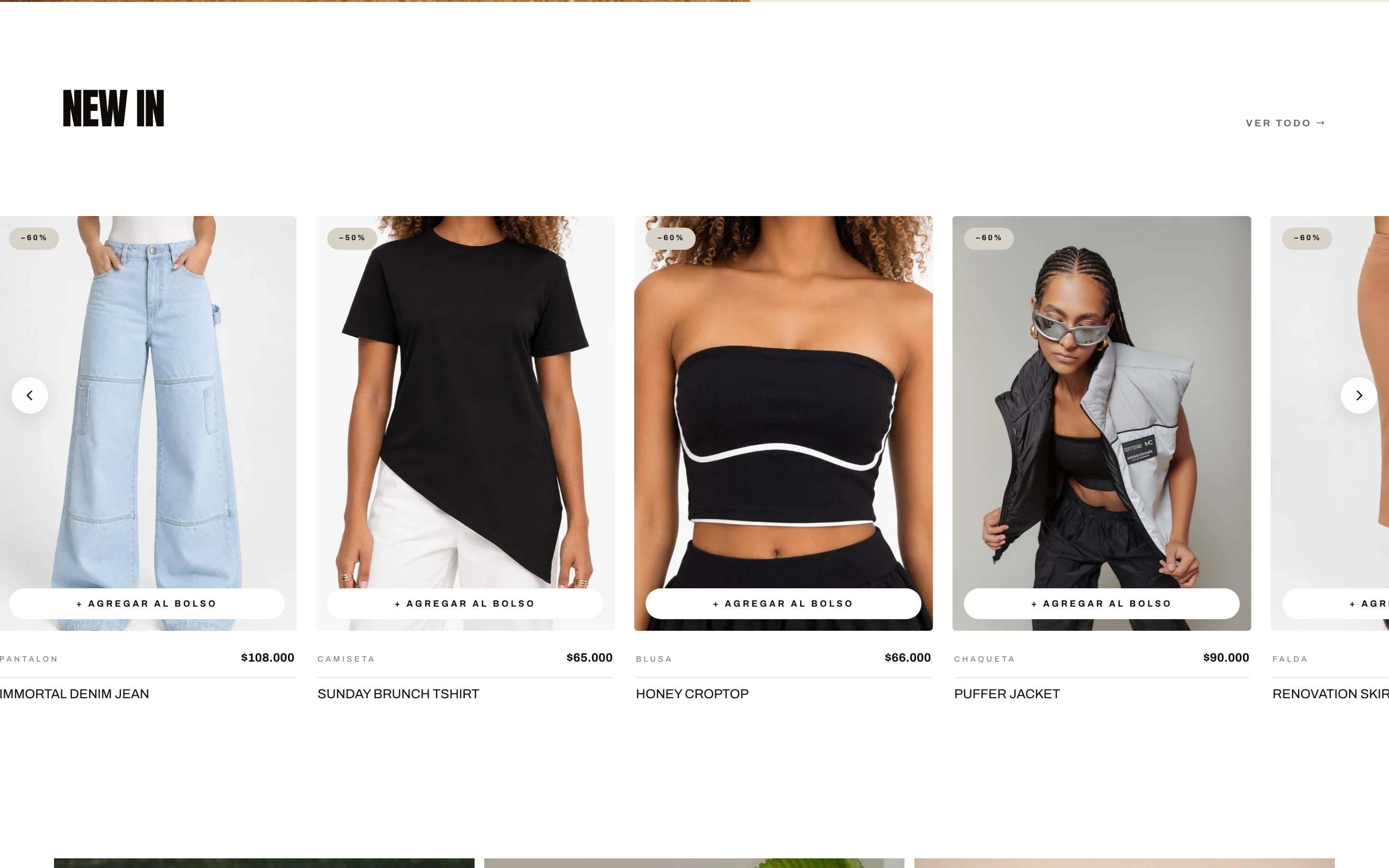 Carrusel New In con productos, descuentos y botón agregar al bolso