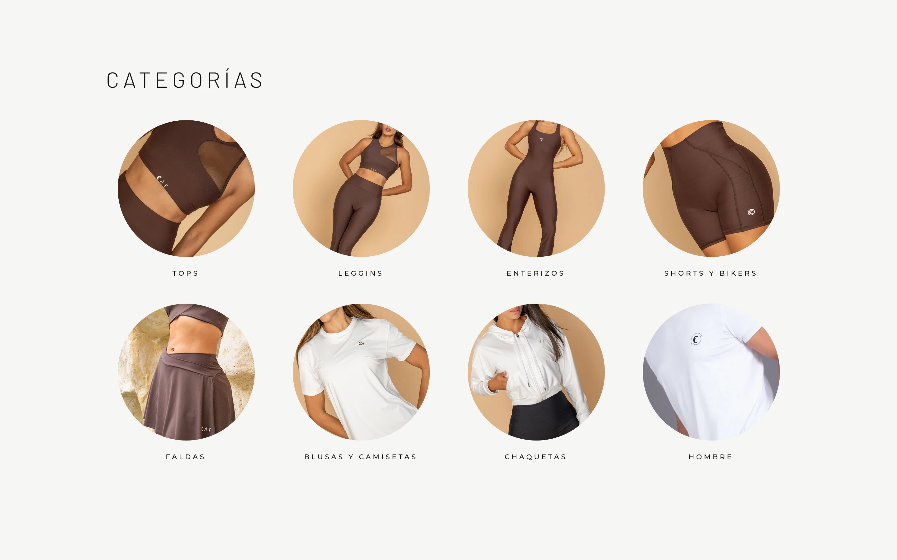 Categorías visuales: tops, leggins, enterizos, shorts, faldas, chaquetas, hombre