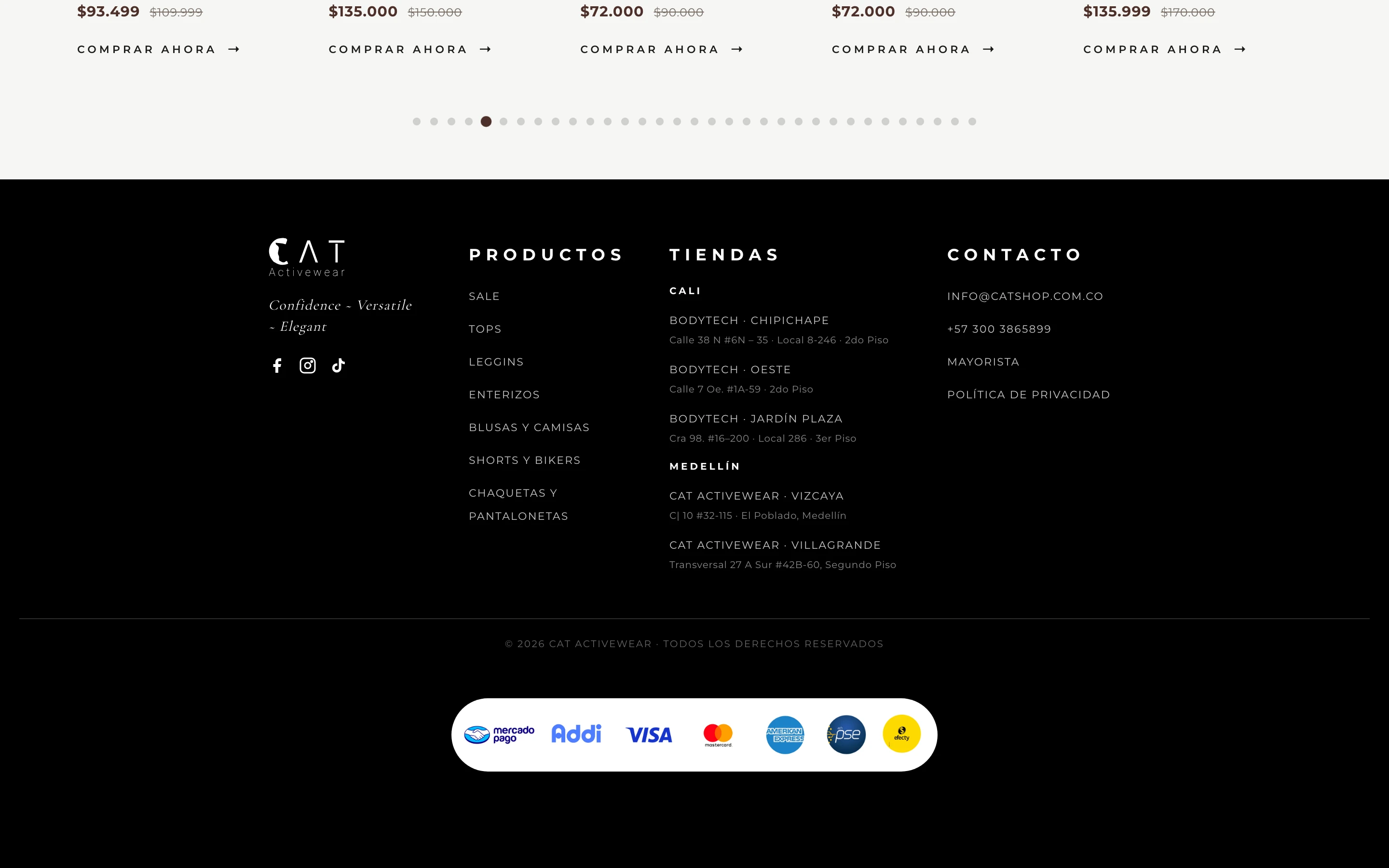 Footer con tiendas físicas en Cali y Medellín y medios de pago