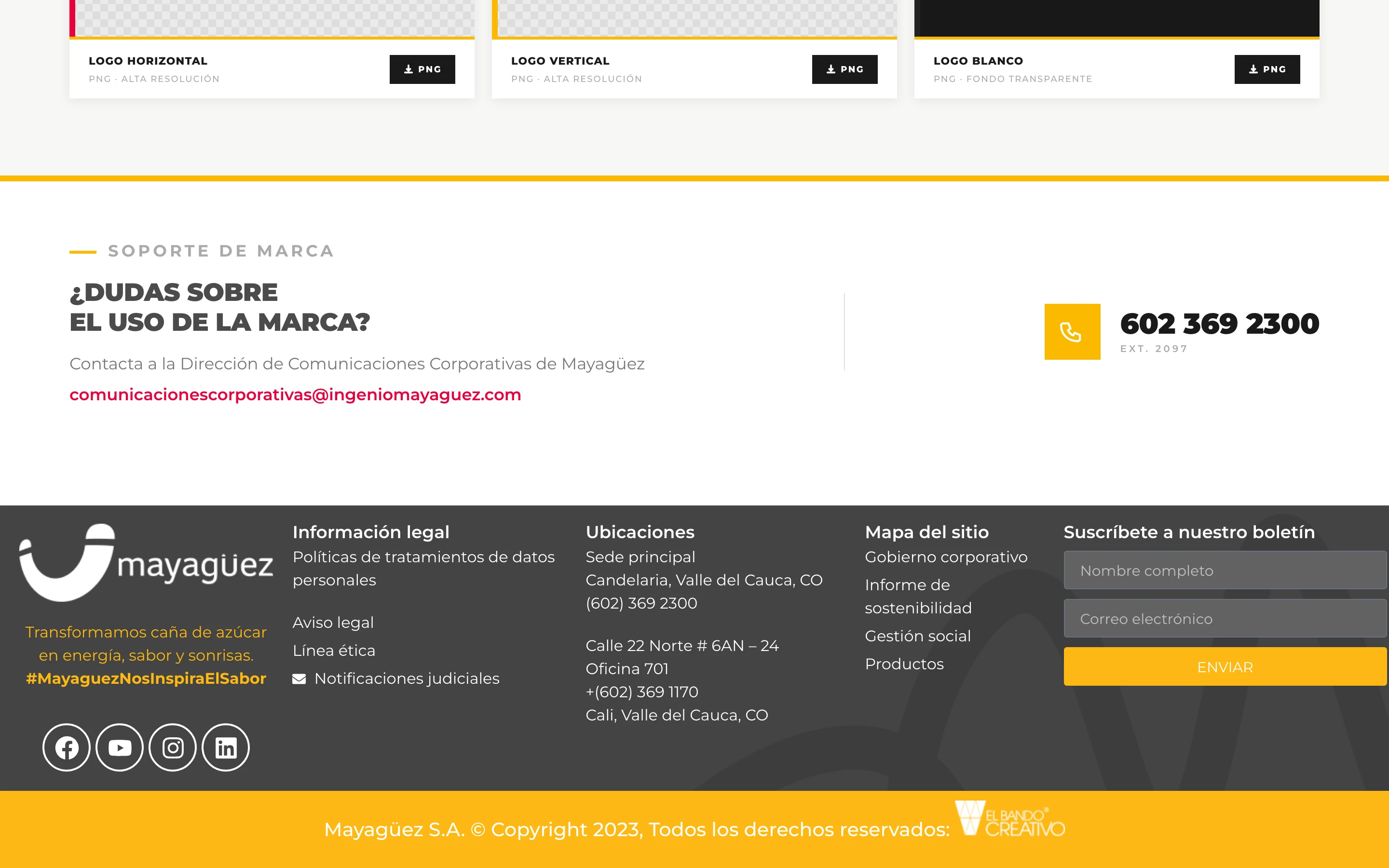 Bloque de soporte de marca con contacto de Comunicaciones Corporativas