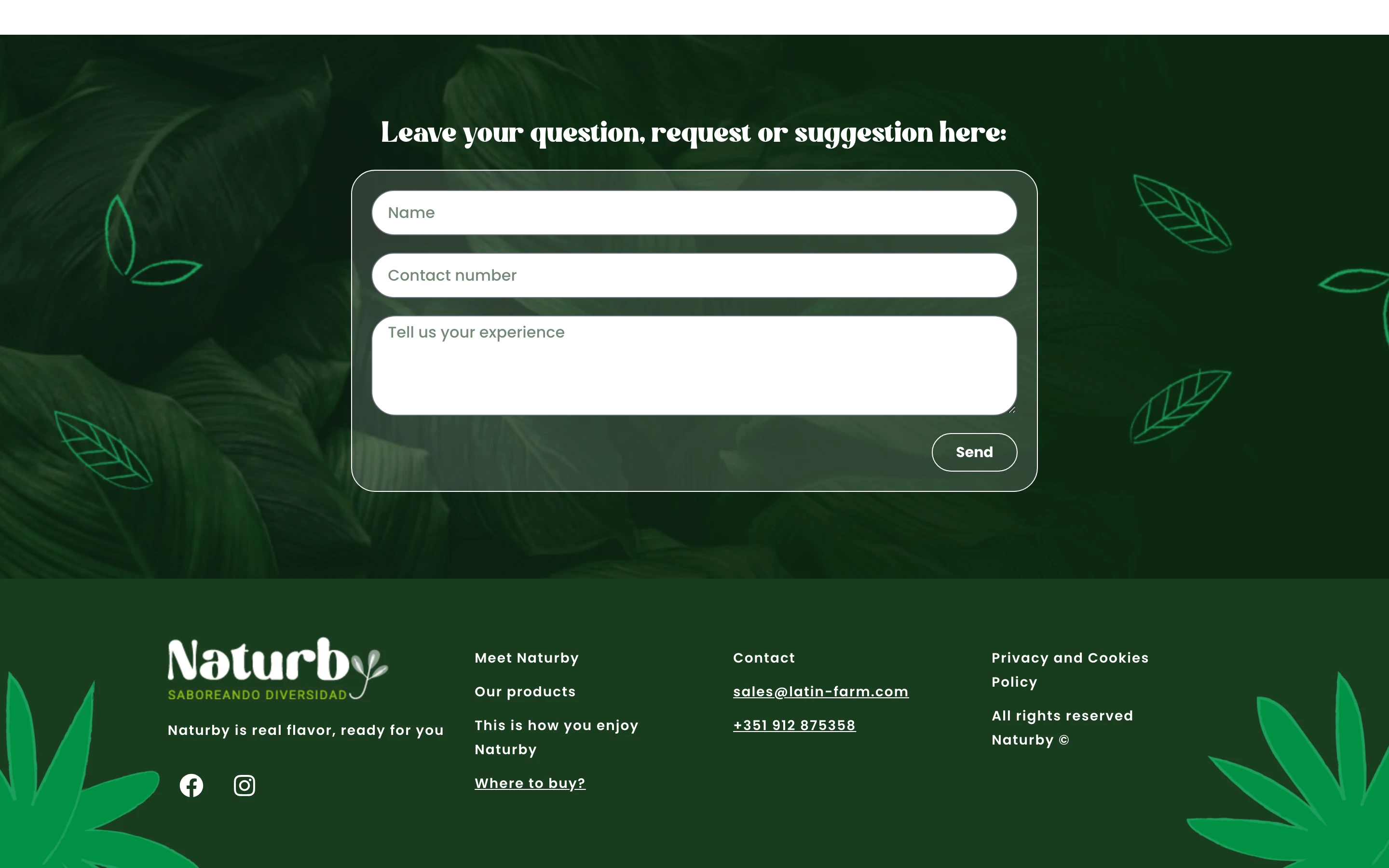 Formulario de contacto y footer de Naturby