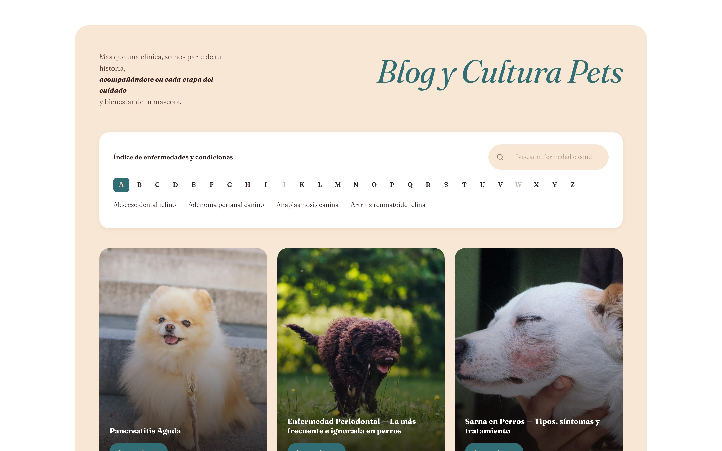 Sección Blog y Cultura Pets con índice de enfermedades