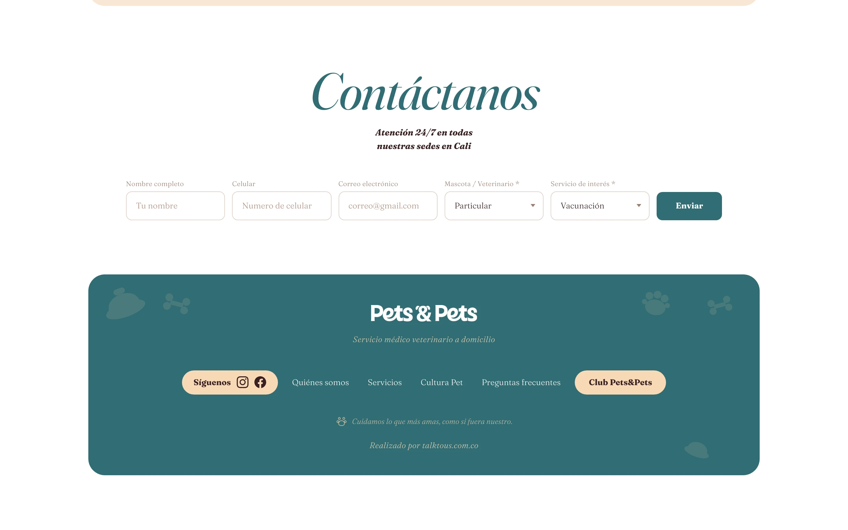 Formulario de contacto por servicio y tipo de mascota