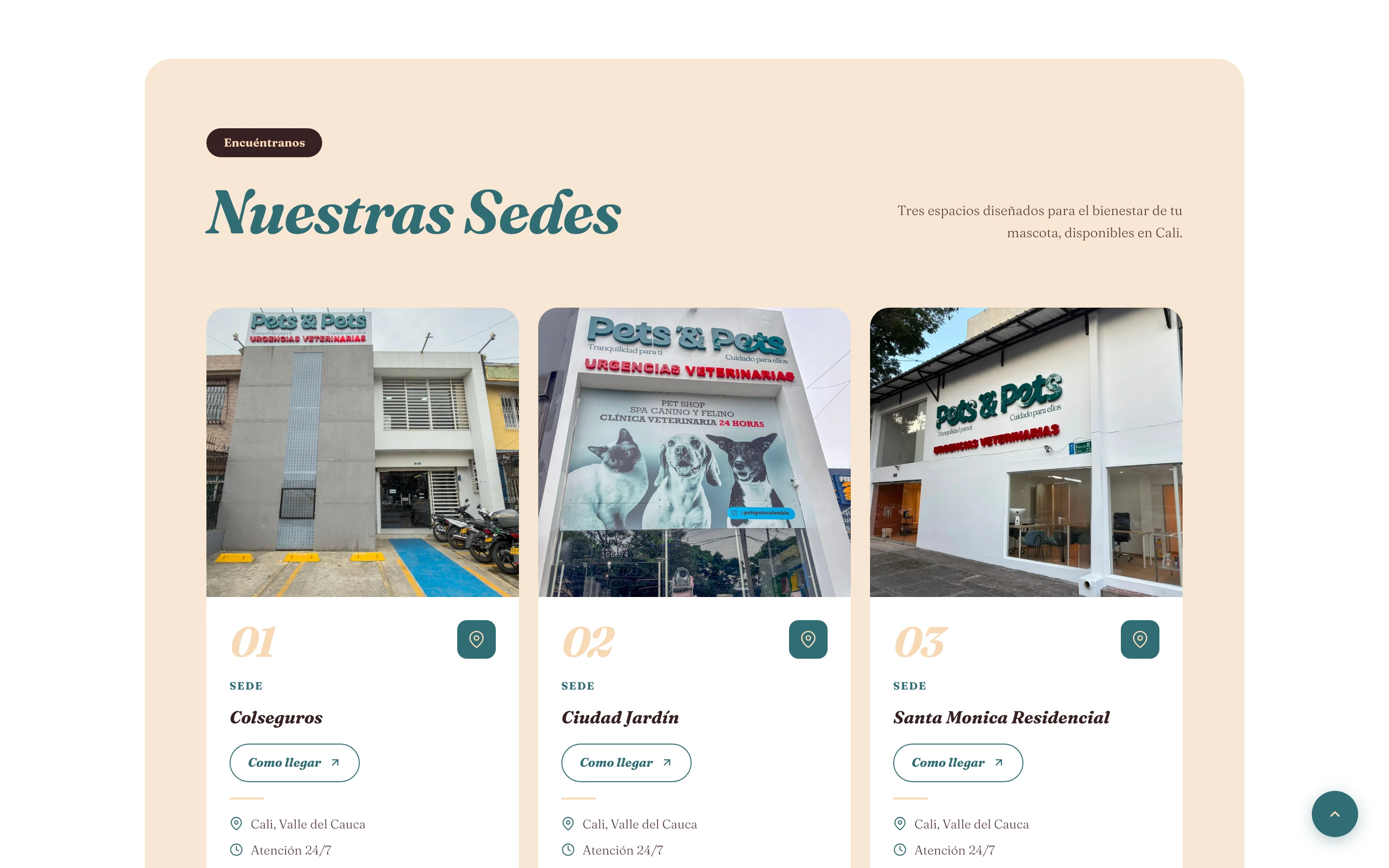 Sección Nuestras Sedes con las tres clínicas en Cali