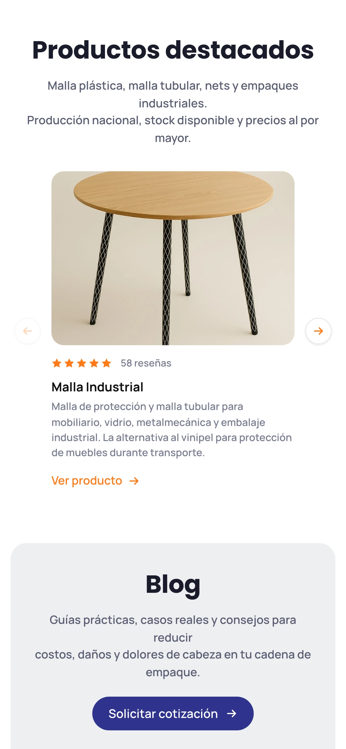 Vista móvil de productos destacados y blog