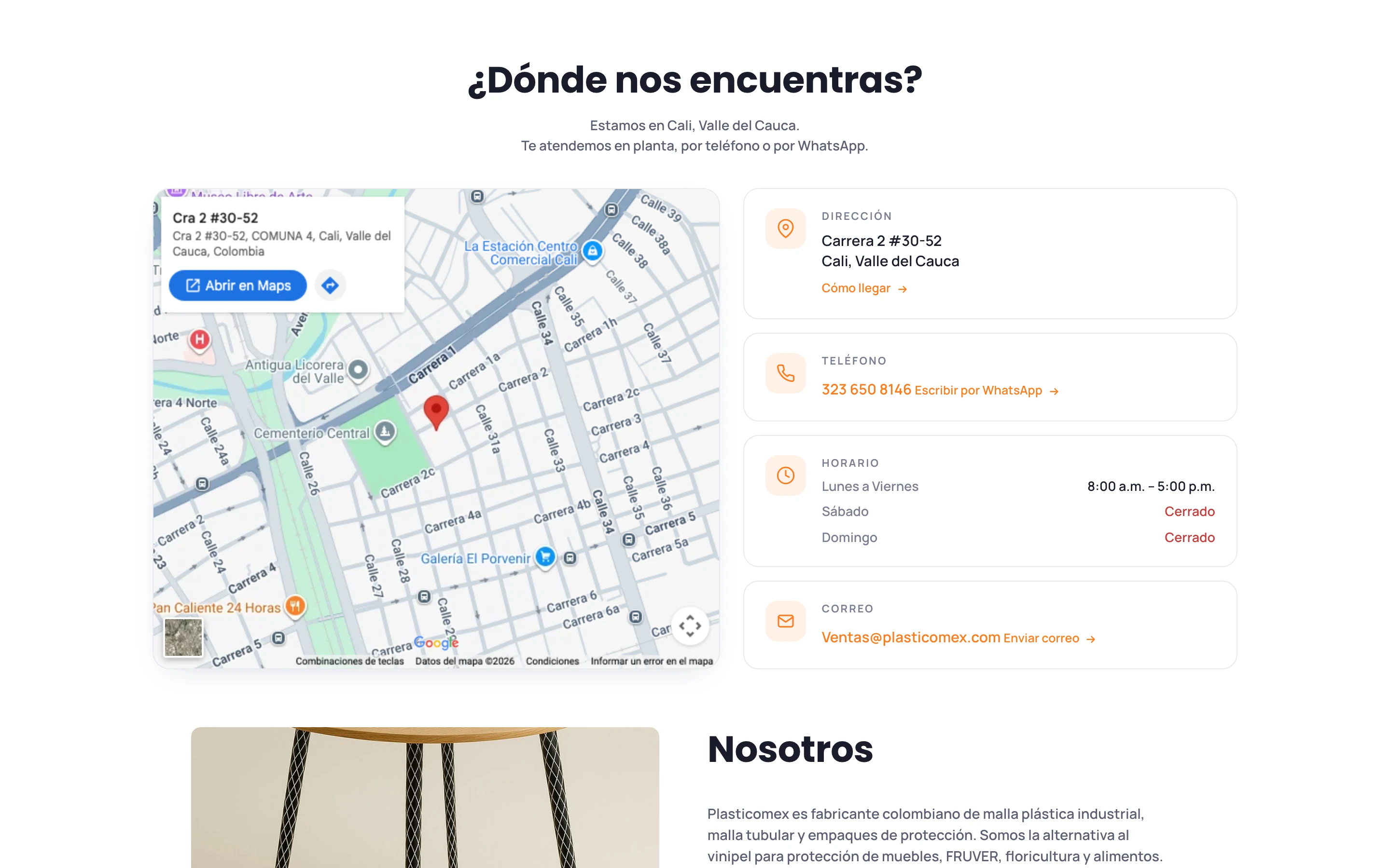 Sección Dónde nos encuentras con mapa, horarios y contacto