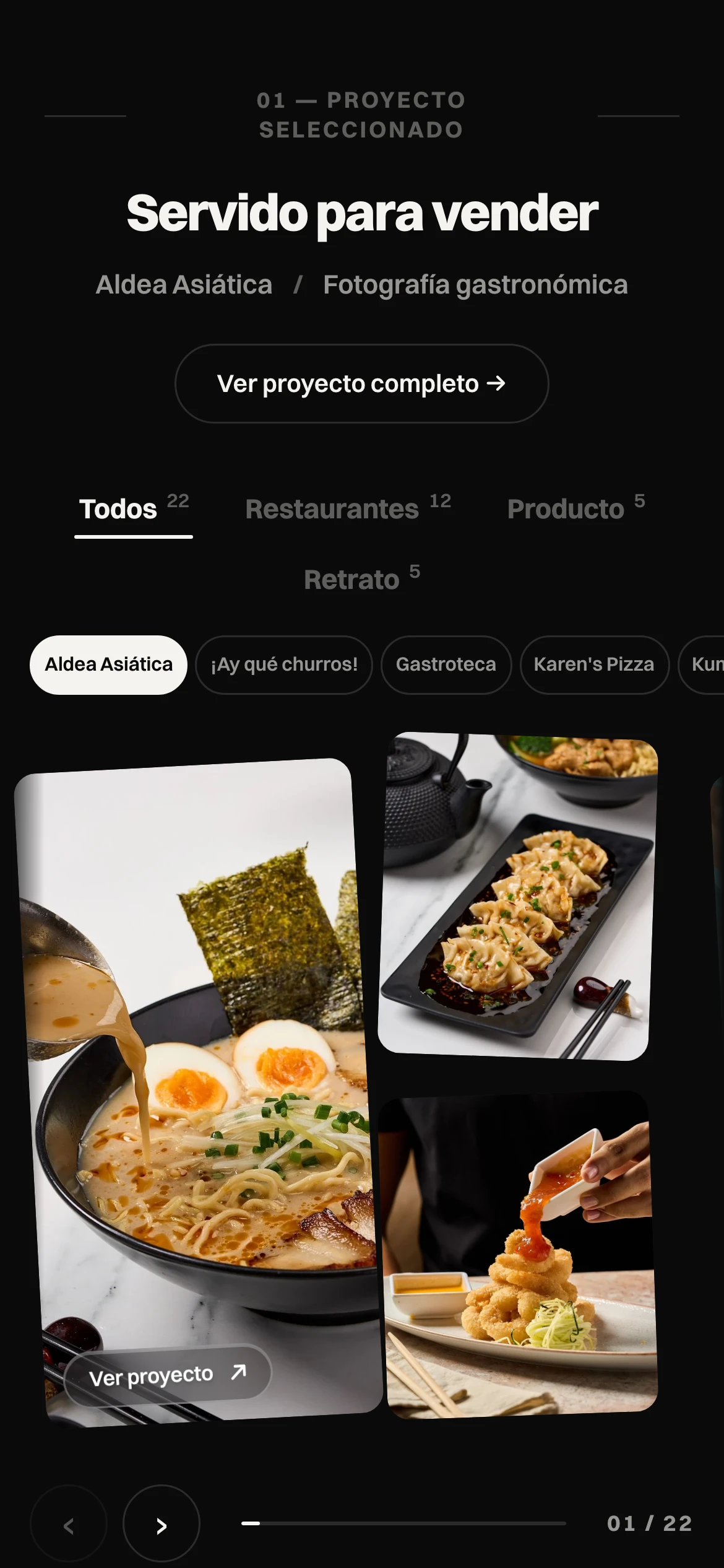 Vista móvil del portafolio de proyectos