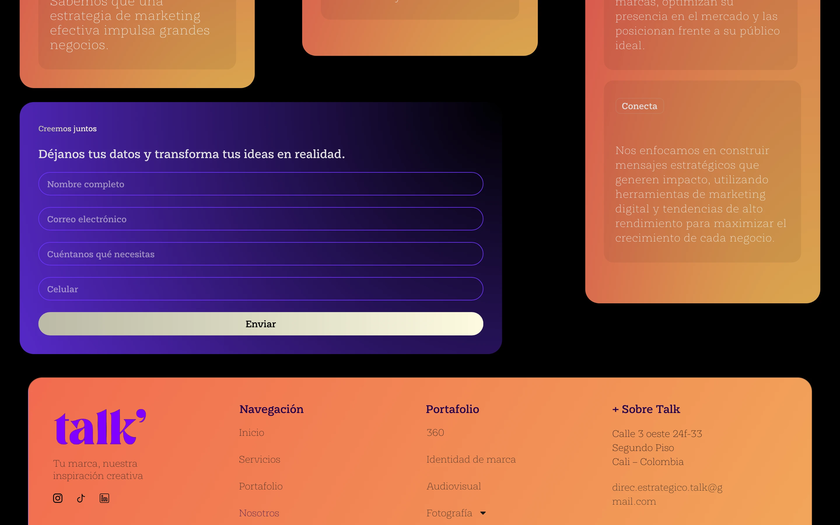 Formulario de contacto y footer de Talk