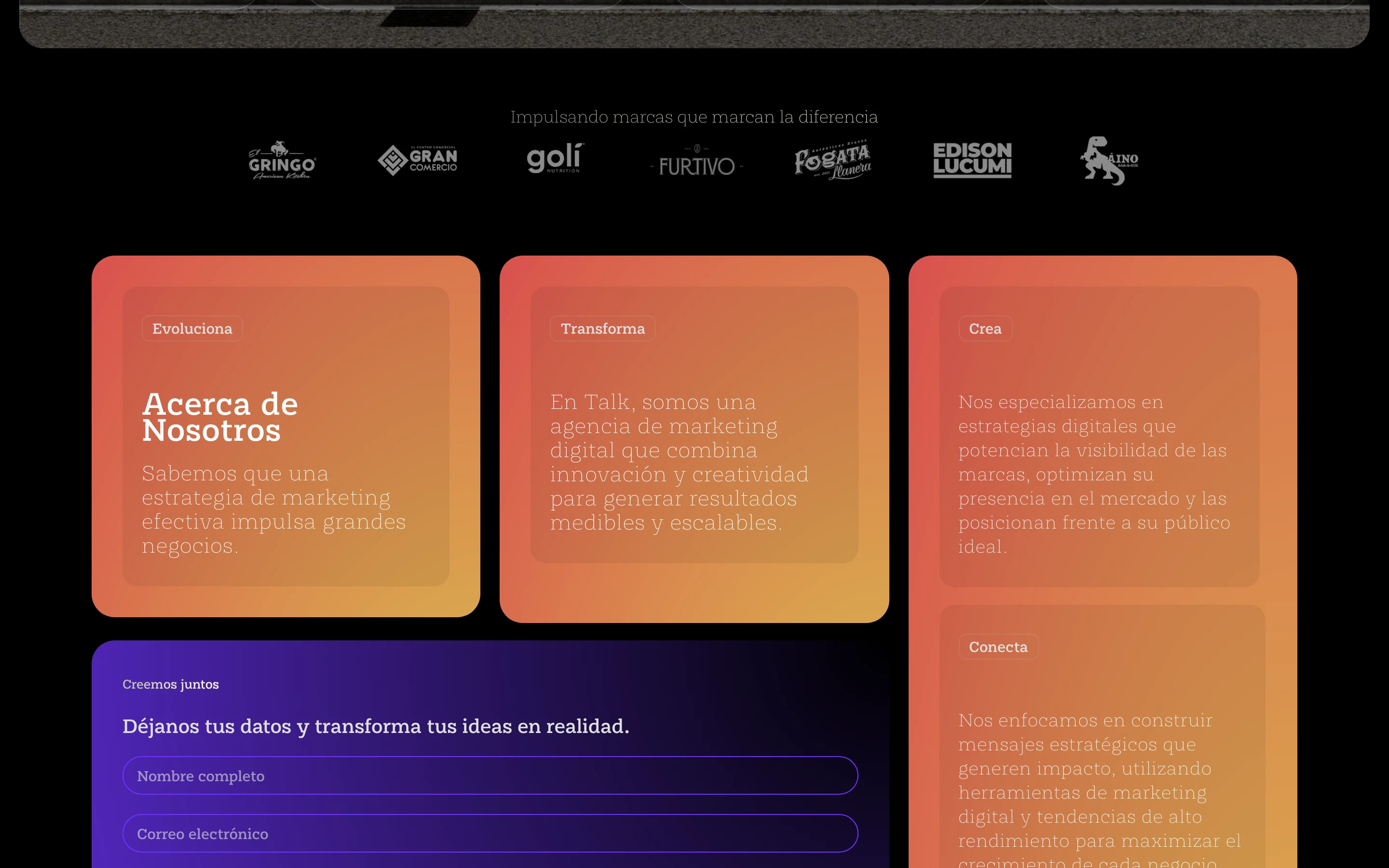 Marcas aliadas y sección Acerca de nosotros de Talk