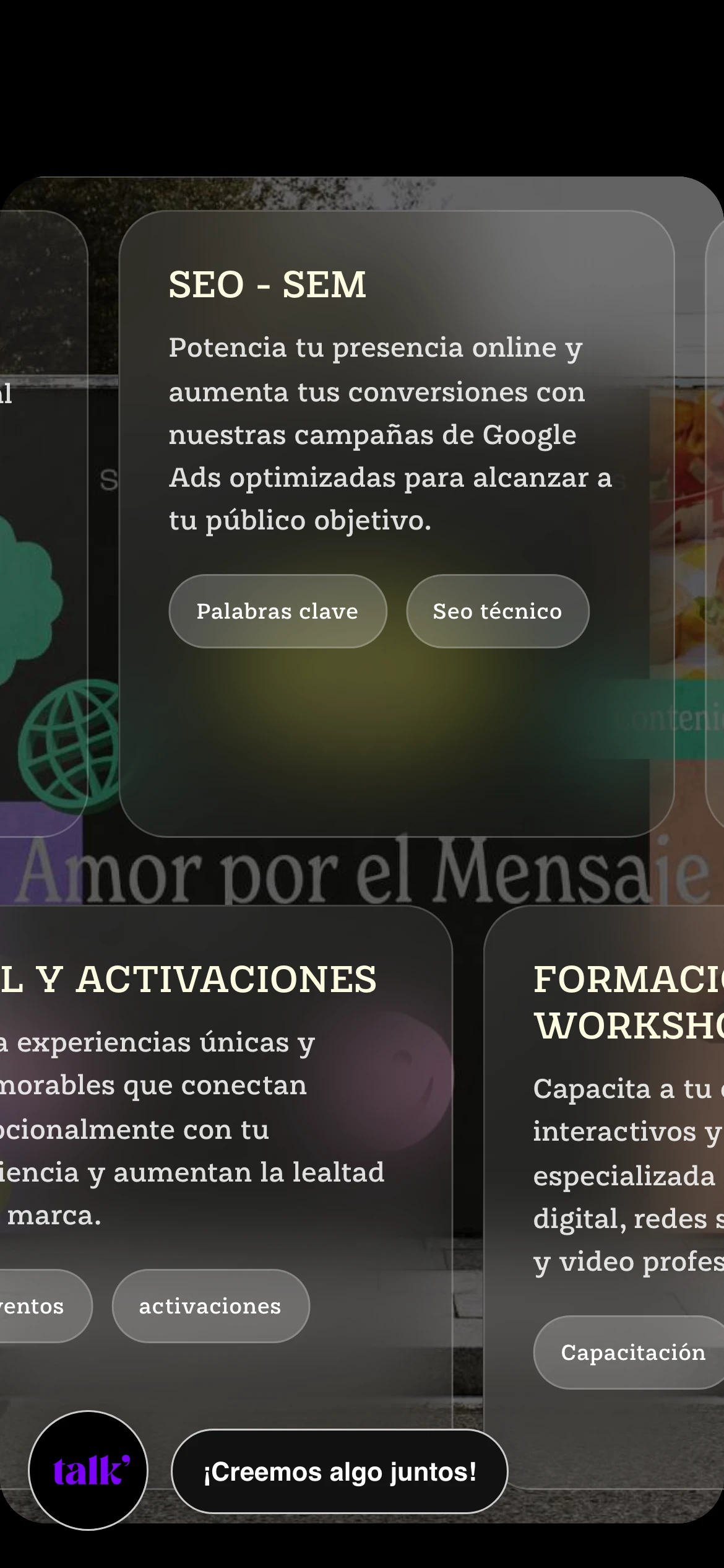 Vista móvil de los servicios de Talk