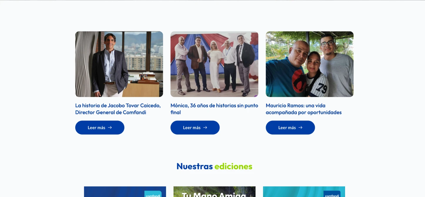 Tu Mano Amiga: historias de Comfandi con foto, titular y botón Leer más
