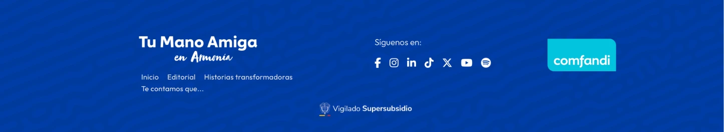 Tu Mano Amiga: pie de página con redes sociales y logo de Comfandi