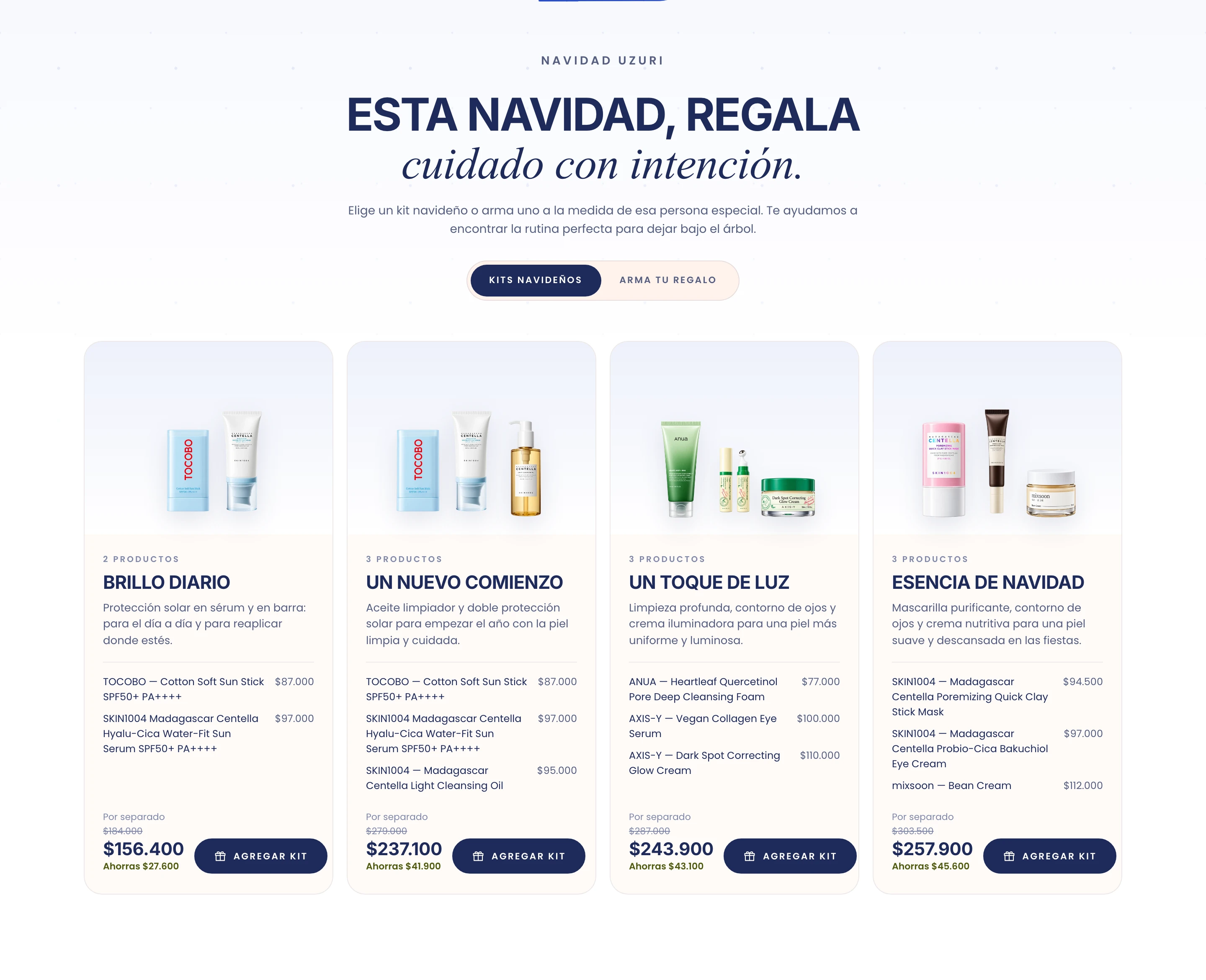 Sección de kits navideños de Uzuri con precio por separado y ahorro
