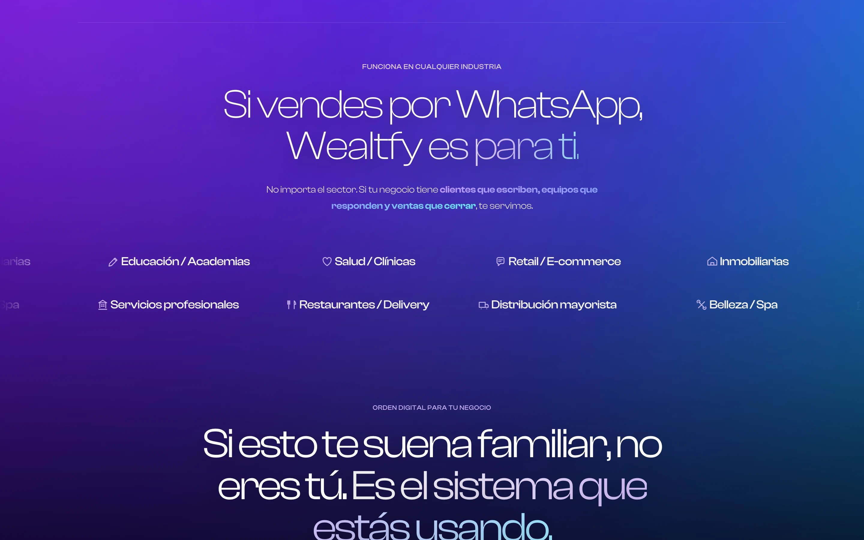 Sección Si vendes por WhatsApp, Wealtfy es para ti, con industrias