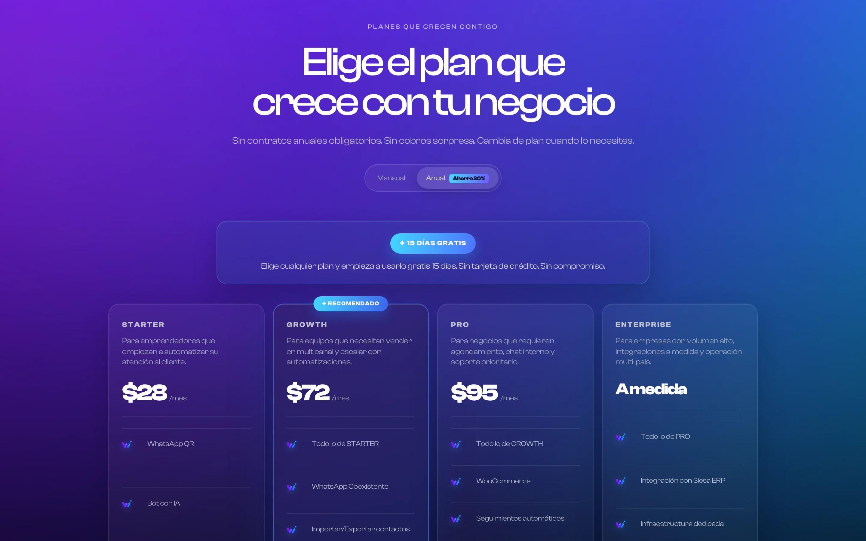 Sección de planes y precios de Wealtfy